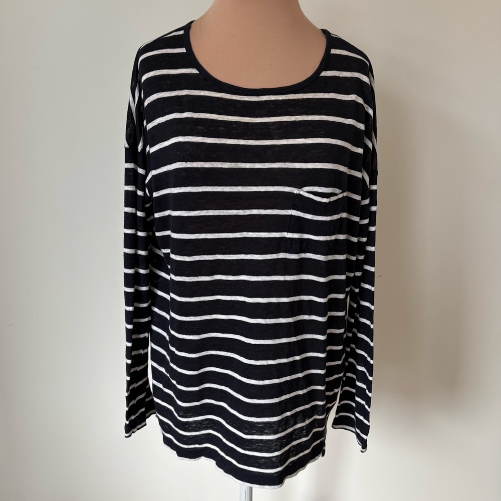 Vince Linen Woven Mixed Striped Black White Crew Neck Long Sleeve Tee Shirt Sz S